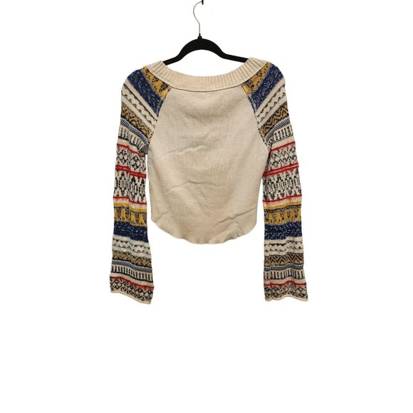 Free People Sweater - aztec colorful sleeve waffle knit cream long sleeve top xs - Picture 3 of 10